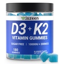 Sugar- Bez vitamínu D3 K2 gumy, Vitamin D3 10000iu & Vitamin K2 (MK7) 200mcg s vápníkem, hořčík, Vitamin B12 pro kostní svalstvo zuby imunitní, Vegan