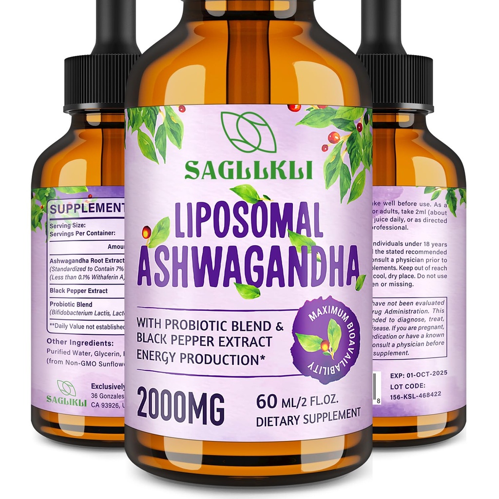 Lipozomální Ashwagandha Liquid Drops 2000mg, Ashwagandha Root Extract Dodatek (7% Witanolides) s Black Pepper Extract & Probiotics for Focus, Cognition & Energy - 2 FL.OZ (1 lahvička)