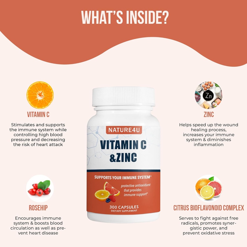 Vitamin C 1000mg se zinkem, Rose HIPS a Citrus Bioflavonoidy, Imunitní Suppension Antioxidants Protection, 300 Kapsle