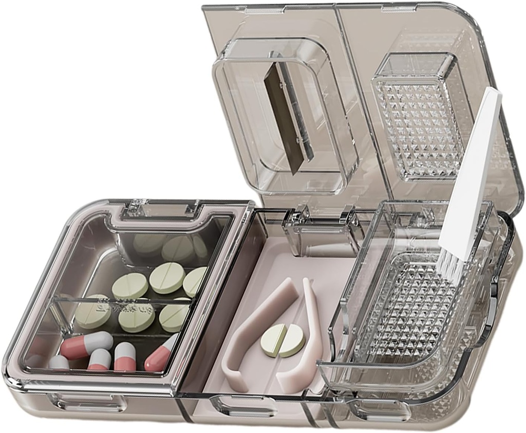 CFMOUR 3in-1 Pill Cutter Splitter pro malé nebo malé velké pilulky, Drtič drtič s práškem Brush Grind tablety, Pill nosič pro skladovací pilulky, Mills pro seniory, Děti & Domácí mazlíčci, Black