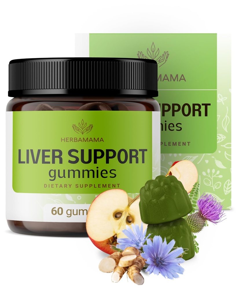 HERBAMAMA Gummie na podporu jater - Bylinný komplex pro jaterní detox a čištění - Vegan, Non-GMO Celková podpora doplněk - 60 Pectin- based Apple- ochucené žvýkací