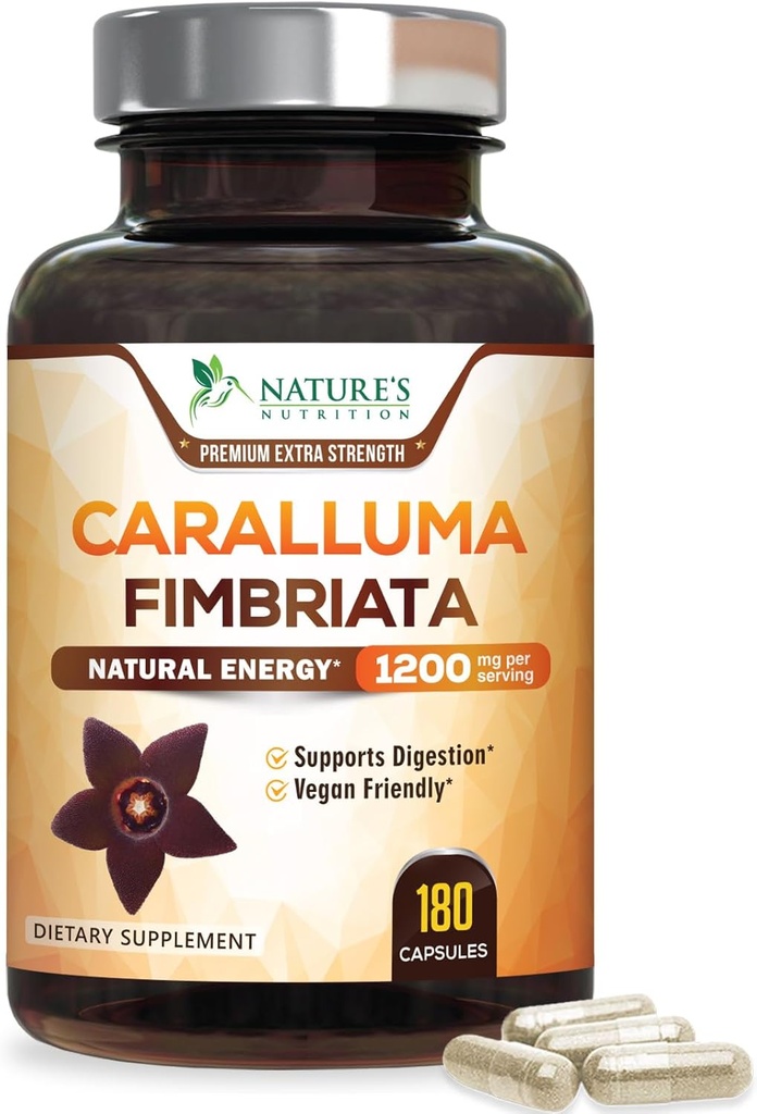Čistá Caralluma Fimbriata Extract Vysoce koncentrovaná 1200mg - Přírodní Caralluma Fimbriata Kapsle Podpora vytrvalosti, Nejlepší vegetariánský dodatek pro muže a ženy, Non- GMO - 180 Kapsle
