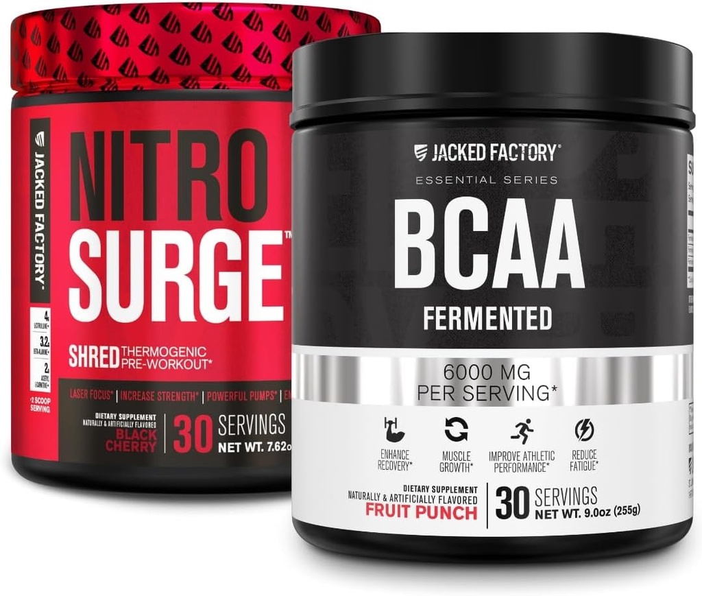 Jacked Factory Nitrofresh Shred Thermogenic Pre- Cvičení v Black Cherry & BCAA ve ovocném punči pro tělesné doporučení, budování svalů a zotavení