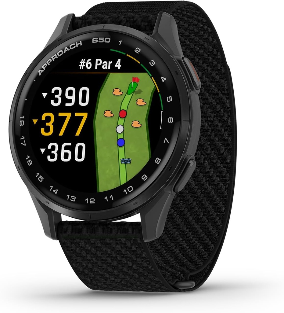 Garmin approach ® S50, Advanced Golf GPS Smartwatch, AMOLED displej, Funkce na kursu, Warst-Based Heart Rate, Slate Aluminium Bezel s Black ComfortFit Nylon Band