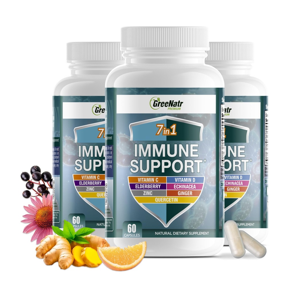GreeNatr Imunitní Supplement s vitamínem C, D3, zinek 50mg, Quercetin, Echinacea Purpurea, Sambucus Elderberry a Ginger pro kompletní imunitní obranu - 60 Kapsle (3 Lahve)