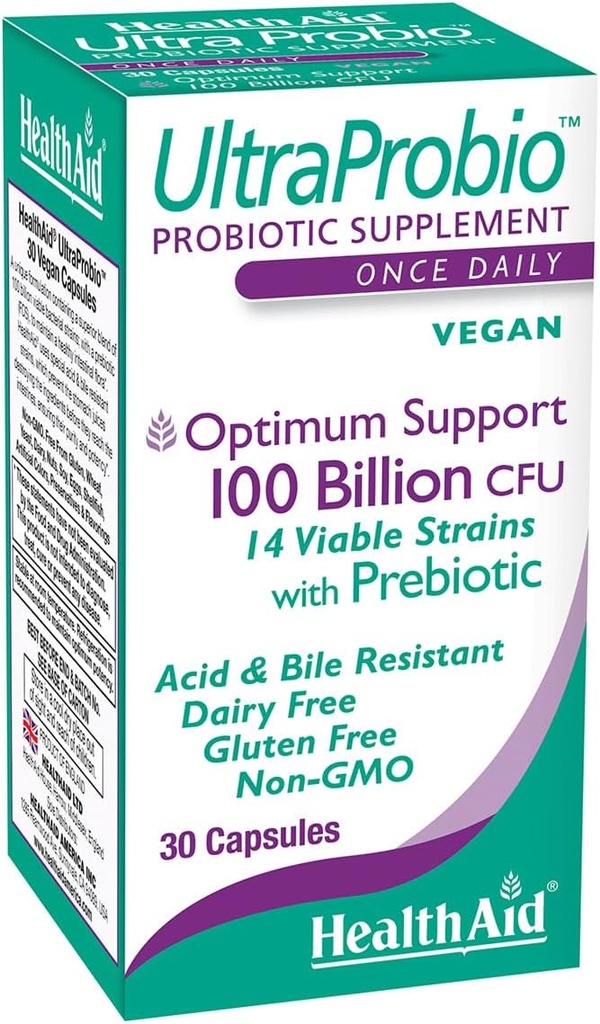 HealthAid UltraProbio, 100 Billion 30ct 1x denně Kapsle, Optimum Support, 100 Billion s prebiotickým, acid & Bile Resistant, Non- GMO