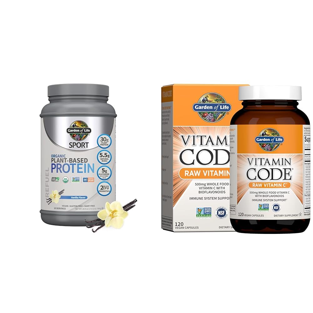 Zahrada života Organic Vegan Sport Protein Powder, Vanilla, 30g - Probiotika, BCAA pro příspěvek cvičení Recovery 19 Doručování + Syrový vitamin kód Vitamin C, 120 Veg Kapsle