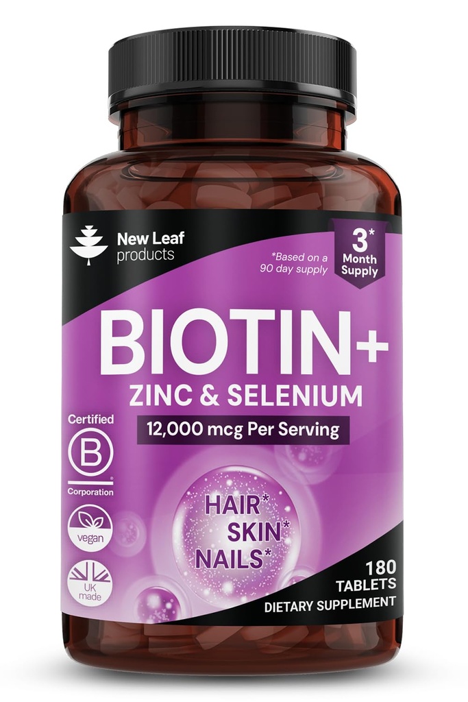 Biotin růst vlasů Vitamíny 12000mcg Vysoká síla s kokosové oleje - Podporuje zdravé vlasy kůže a nehty - Biotin Vitamíny pro ženy a muže Vegan, gluten zdarma doplňky - Vyrobeno ve Velké Británii New Leaf