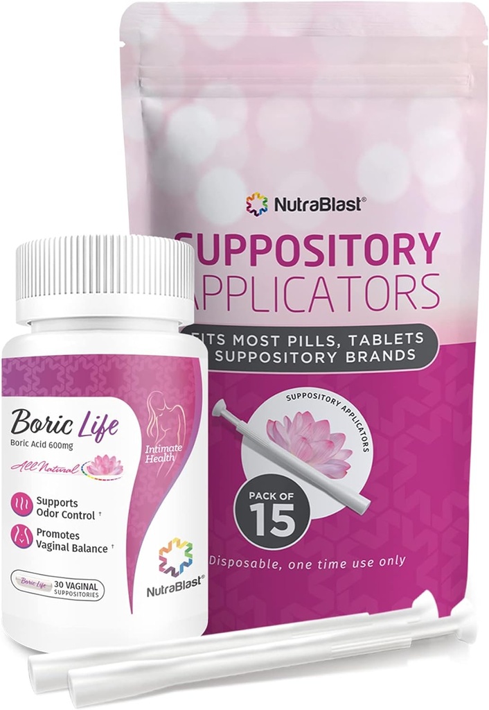 NutraBlast kyselina boritá Vaginální Suppositories 600mg Bundle s aplikátorem, 30 Suppositories & 15 Applicators - Feminin Care - Made in USA