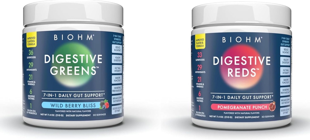 BIOHM Essential Bundle, trávicí červené a zelené, Superfood Powder, Antioxidanty, Vitamíny, Probiotika, stravitelné zdraví pro muže a ženy, dodatek k stravě s Enzymy, 30 Služební každý
