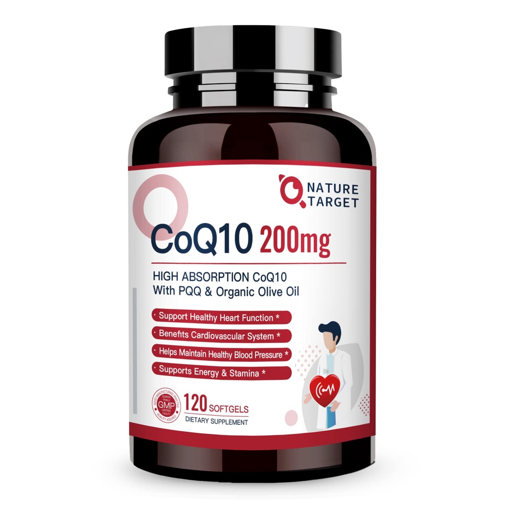 CÍL NATURY CoQ10-200mg-Softgels + PQQ s Organic- Olive-Oil - Vysoká absorpce - Coenzyme- Q10 - Antioxidant- for- Heart- Health and Immunication Support, Energy Production, 120 Servings
