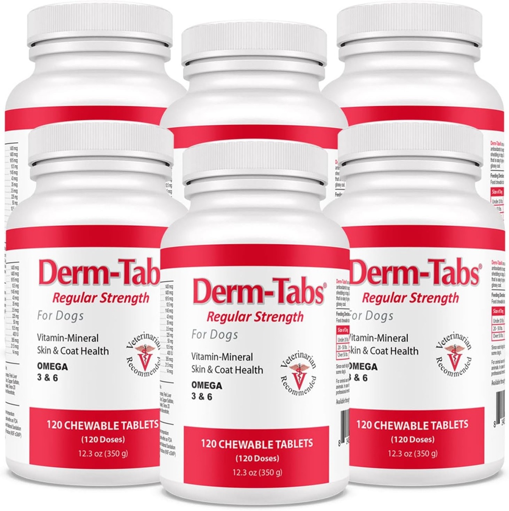Derm Tabs Pravidelná síla pro psy - přírodní olej, vitamíny, minerály a antioxidanty - Podpora zdravé kůže a snížení propouštění - 720 Žvýkací tablety