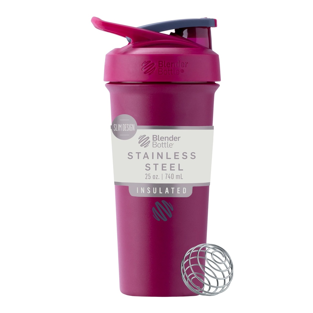 BlenderBottle Sport Sleek Izolované nerezové oceli třepačka láhev s drátěnou whisky, 25-Ounce, Malina - Protein Shake & Hydration pro sportovce & Fitness Enthusiasts, Easy Mixing, Slim Easy to Hold, Drží drinky studené, Uzamykatelné Lid