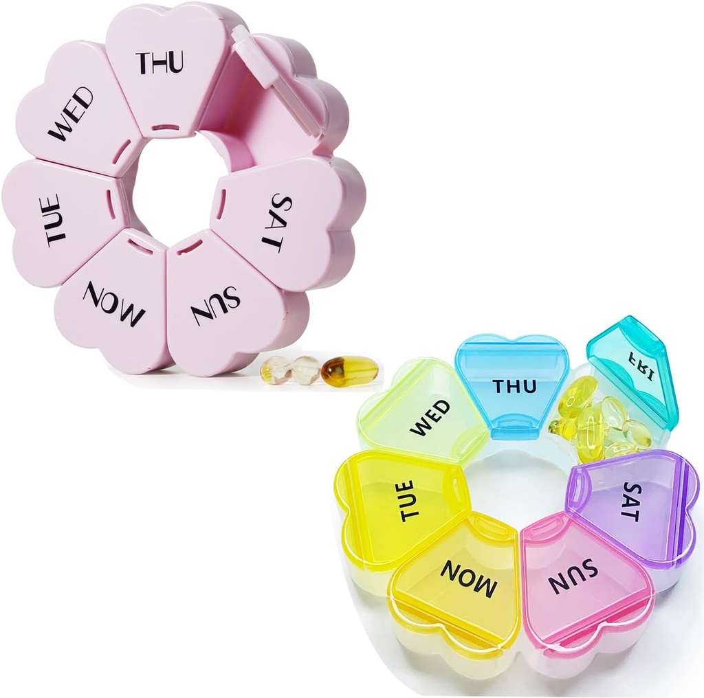 MOLN HYMY Roztomilý Týdenní Pill Box 7 Day, Srdce Tvar Pill Pořadatel 1 čas denně, Purple Pink Pill Kontejner jednou denně, Velká medicína Dipenser pro vitamin / rybí olej / léky / doplňky