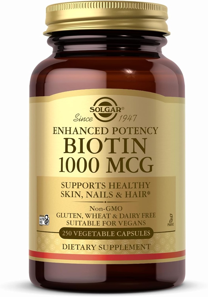 Solgar Biotin 1000 mcg - 250 Zeleninové kapsle - Podporuje zdravou pleť, nehty a vlasy - Non- GMO, Vegan, Gluten Free, mlékárenské zdarma, Kosher - 250 Služeb