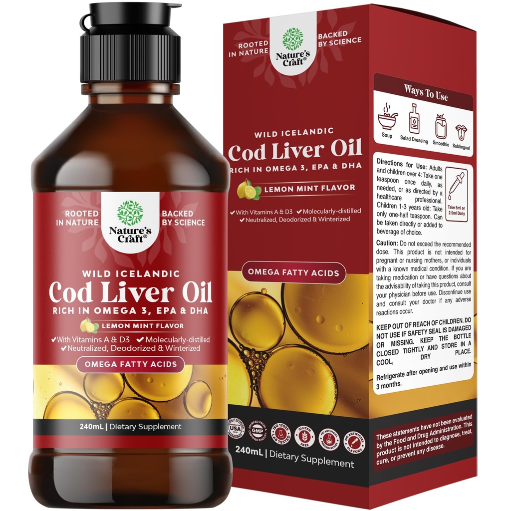 Islandské Wild Cod Játra Oil Liquid - Rybí olej Kapky s Omega 3, EPA, DHA, Vitamin D & A - Liquid Cod Játra doplněk pro srdce, kloub, Brain & Imunitary Support - 240 ml (8 Ounce)