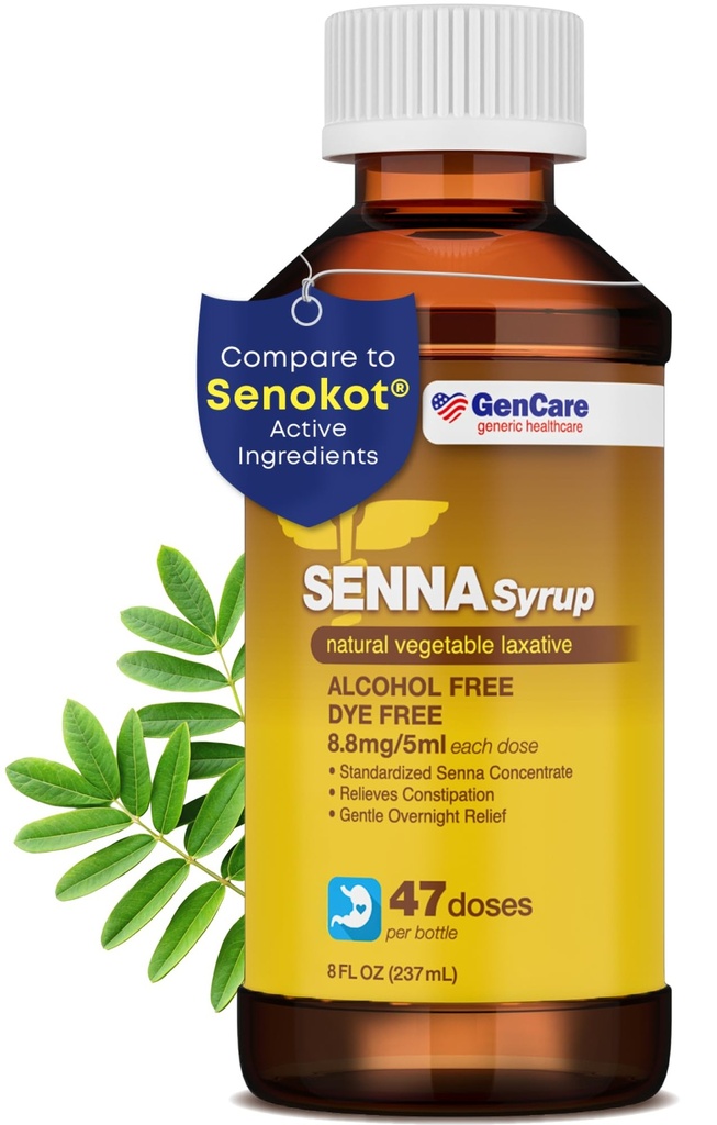 GenCare - Senna Sirup Liquid Laxative (8 Fl Oz Láhev) Všechny přírodní zeleninové sennosidy Aktivní ingredience 124; Snadná polykat zácpa Relief pro dospělé a děti 12 a starší 124; Nejlepší velikost
