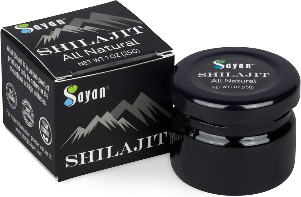 Sayan Pure Shilajit Resin 1oz / 25g, Glass Jar, 250 Servings - Potent Organic Fulvic Acid Dodatek - Podporuje imunitní systém, paměť, zaměření, a poskytuje přírodní energii, Detox - Vegan, Non- GMO