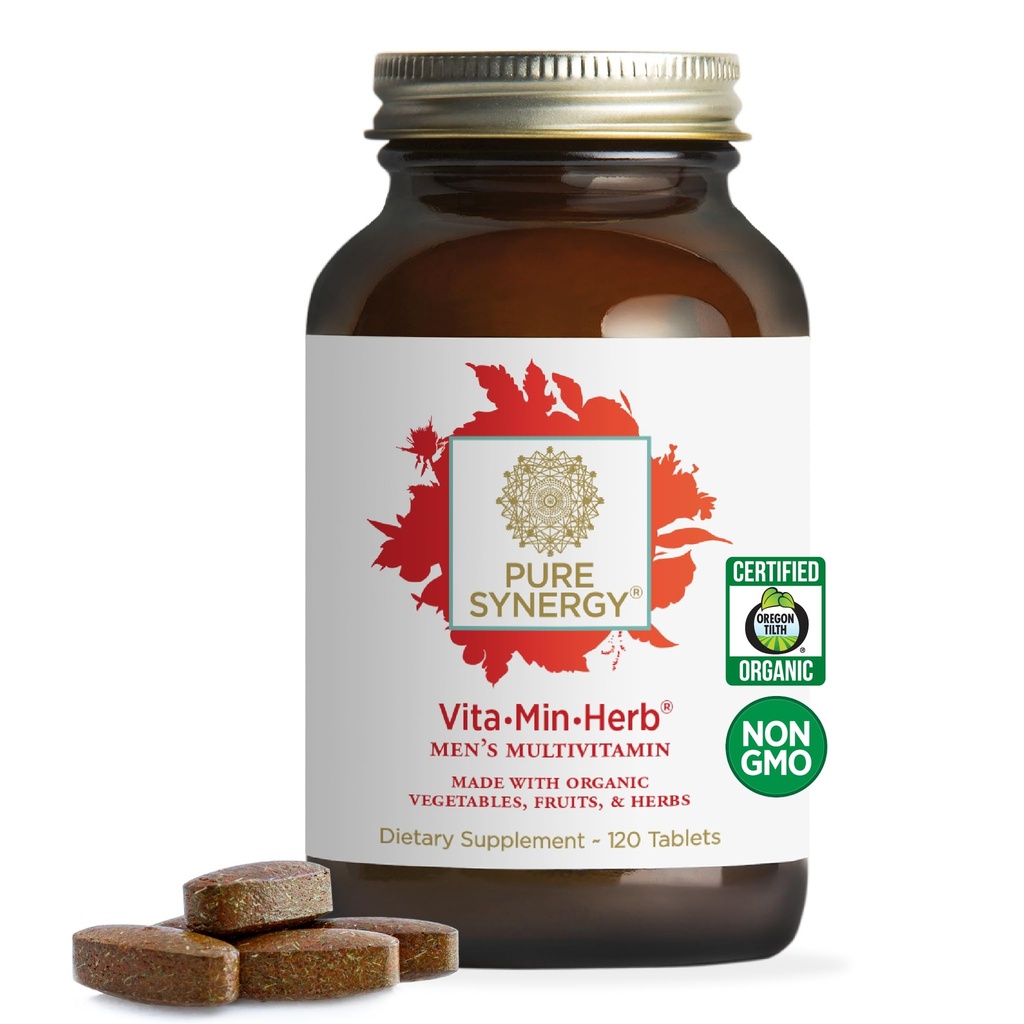 PURE SYNERGY Vita · Min · Herb pro muže 124; mužský komplexní multitivitaminový dodatek 124; vyrobený s organickými složkami celých potravin Non- GMO 124; Denní energie a imunitní podpora (120 tablet)