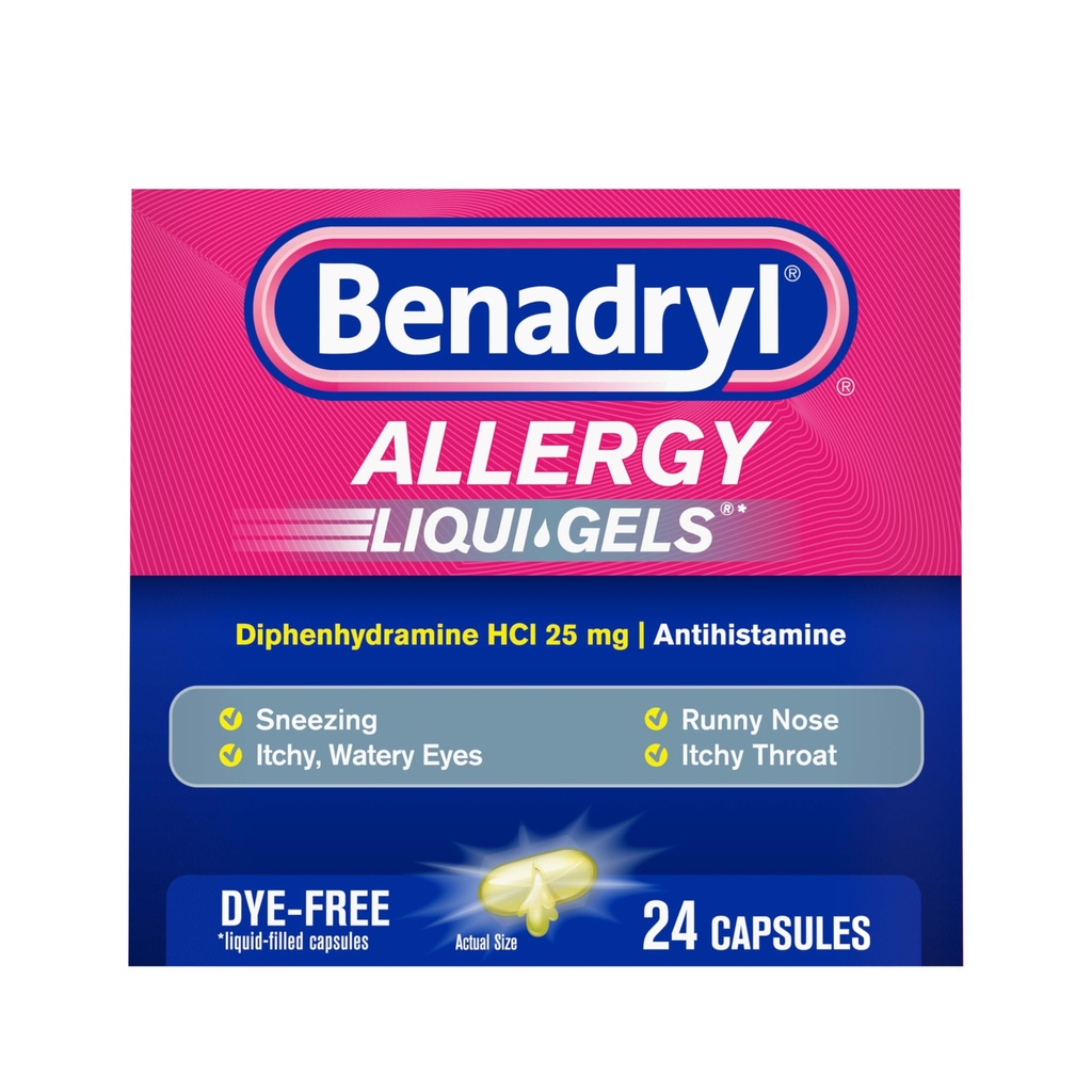 Benadryl Liqui- Gels Alergie Medicína, Dye- Free Liquid Gel Kapsle s 25 mg difenhydraminu HCl Antihistamin pro úlevu od alergií & Studené příznaky, jako je Runny Nose & Nuzing, 24 ct