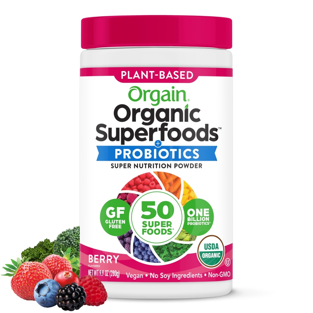 Orgain Organic Greens Powder + 50 Superfoods, Berry - 1 bilion probiotika pro trávicí zdraví, Antioxidanty, Vegan, Plant- based, gluten- Free, Non- GMO, Green Juice & Smoothie Drink Mix - 0.62lb