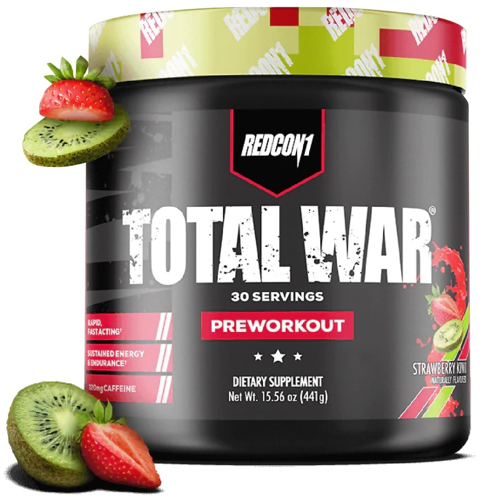 REDCON1 Celková válka Pre Workout, Strawberry Kiwi - L Citrulline, Malic acid, Green Tea Leaf Extract pro Pump Boosting Pre Workout pro ženy a muže - 3.2g Beta Alanine snížit vyčerpání (30 Služeb)