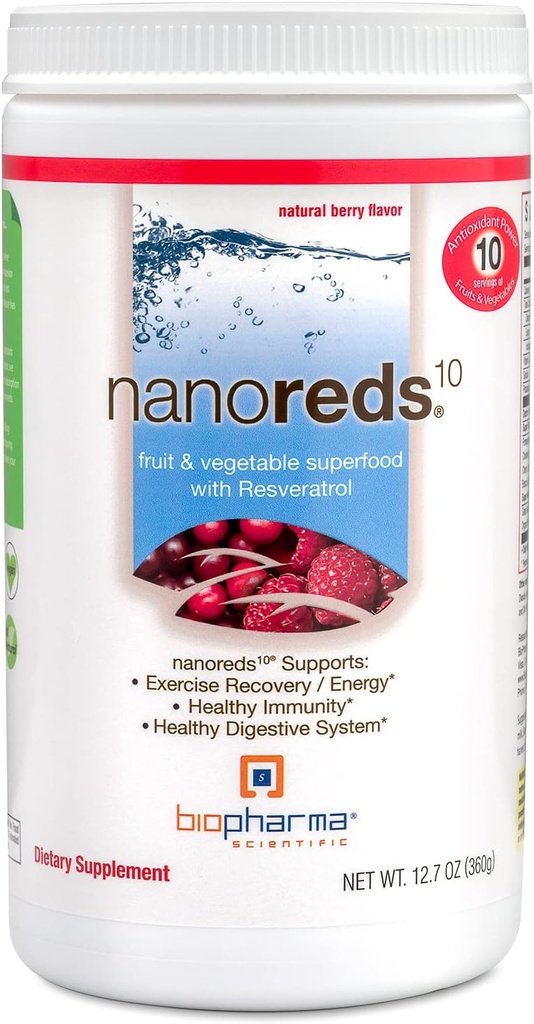 Biopharma Scientific Nanoreds: Červené Superfood ovoce a zeleniny Powder Smoothie Mix pro trávicí zdraví a imunitu s antioxidanty, VitaminC, Elderberry, Granátová jablka, Berry Flavor, 30 Služeb