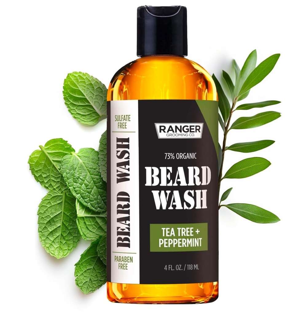 Leven Rose Beard Wash Shampoo by Ranger Grooming Co, Sulfath Free Natural Beard Cleanser & Conditioner for men, Tea Tree & Peppermint for Growth & Thickening, Paraben Free 4 oz