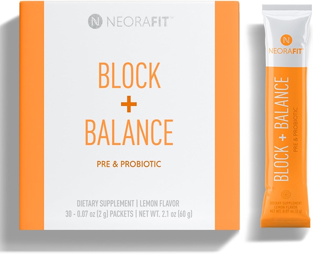 NeoraFit - Block + Balance Pre a Probiotický prášek - Denní použití, Podpora tužby, Vitamin C & B Směs, Pohodlné Stick Packs - 30 Počet