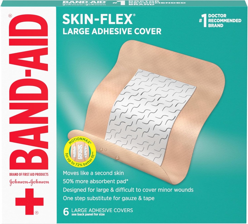 Band- Aid Brand Skin- Flex Adhesive Flexible Wound Covers for First Aid Wound Care of Minor Cut, Scraps & Burns, with a Comfortable Feeling, Moving Like a Second Skin, Sterile, Large, 6 ct