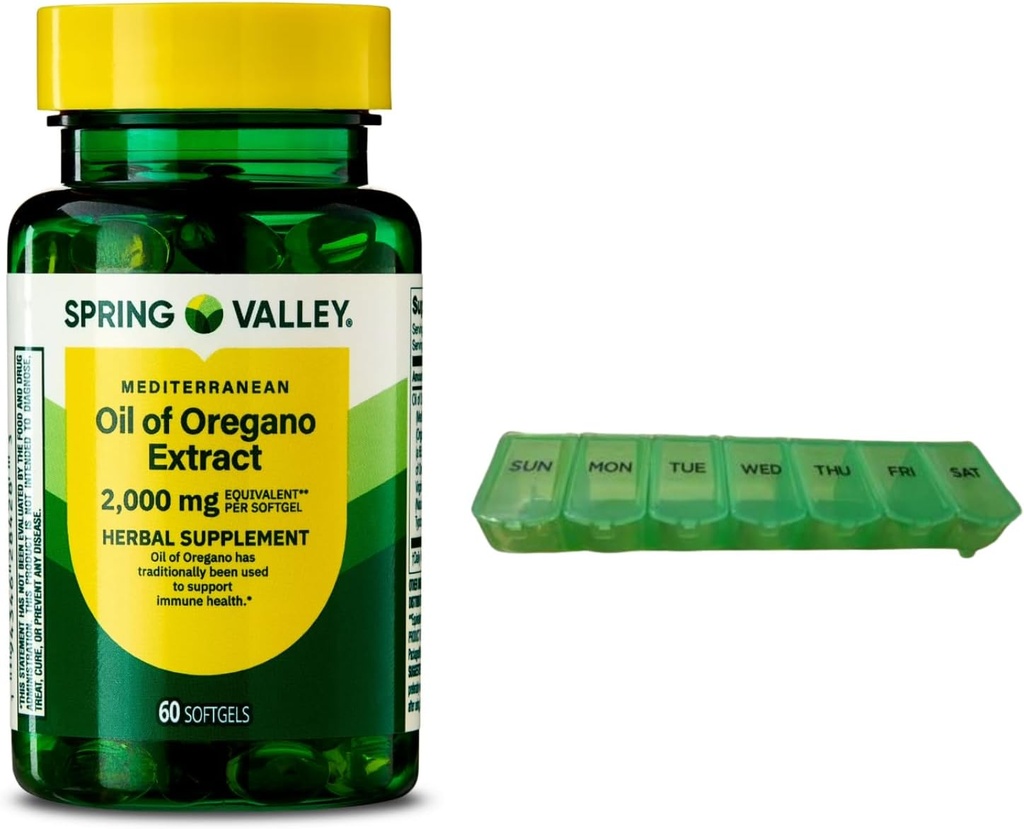 Spring Valley Mediterranean Oil of Oregano 2000 mg 60 Softgels pro imunitní zdraví s Pill Organizer