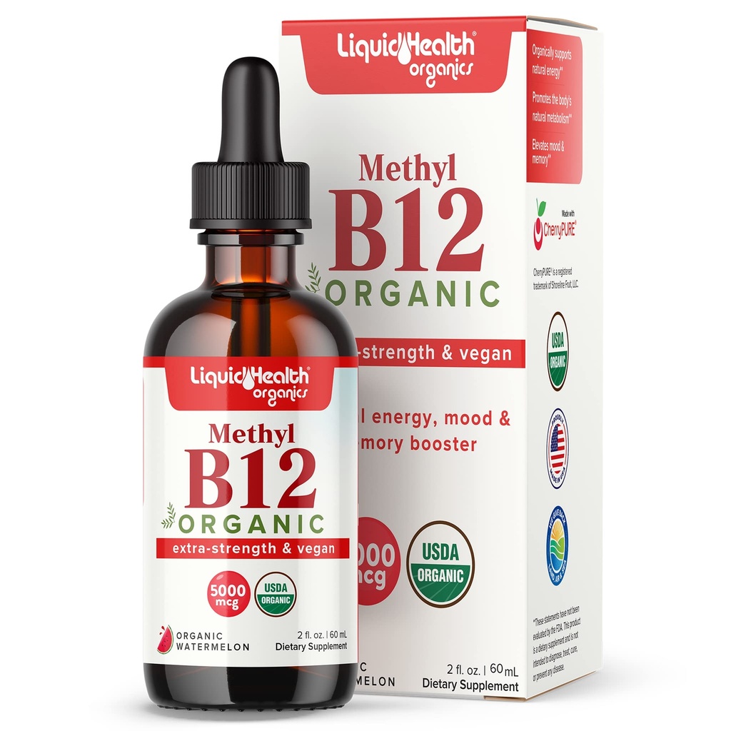 LIQUIDHELTH USDA Organic Methyl Vitamin B12 Methylkobalamin kapalné kapky s Tart Cherry Juice - Zvýšení energie, imunitní podpora, zlepšení paměti a koncentrace - USA Made, Vegan, Non- GMO (2 oz)