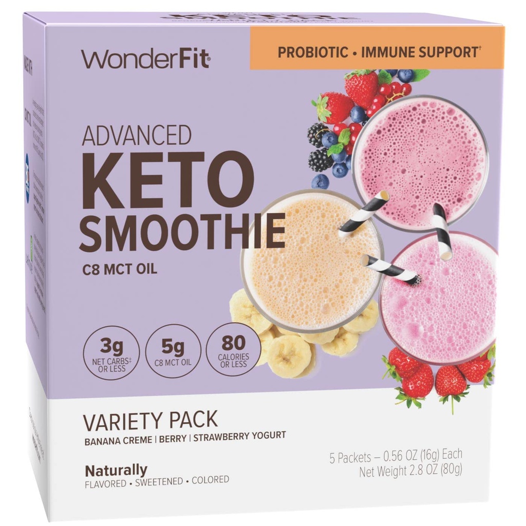 WonderFit by WonderSlim Keto Smoothie with C8 MCT Oil, Variety Pack, 1-3g Net Carbs, Gluten Free, Probiotická a imunitní podpora (5ct)