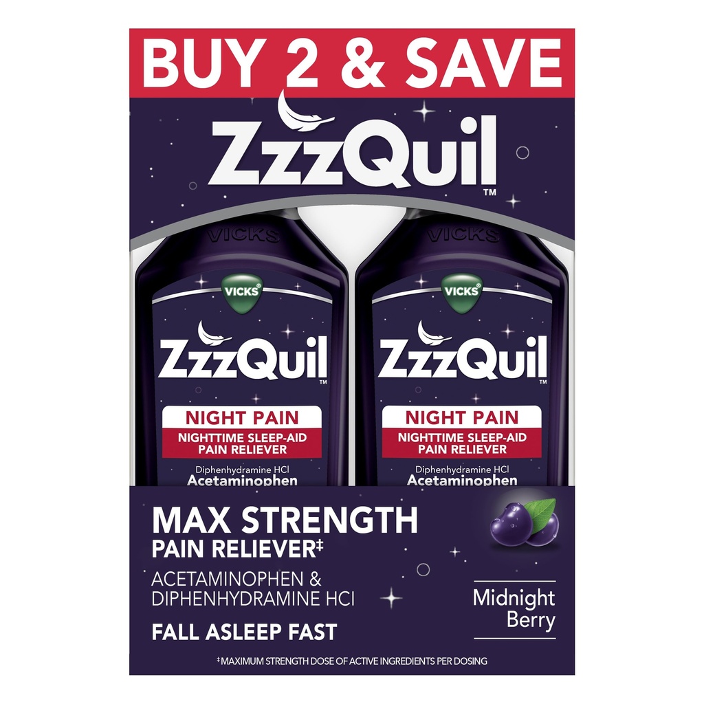 ZzzQuil Liquid, Max Strength Pain Reliever, Nighttime Sleep Aid Liquid, Acetaminophen 1000mg, Difenhydramine 50mg HCI, Non- Habit Forming, Midnight Berry Flaused, 2 Pack, 24 FL OZ