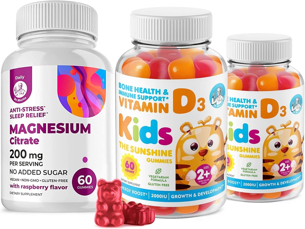 Vitamin D Gummies pro děti a dospělé 2000 IU a hořčík Gummies - Zdravé vitamíny D3 doplňky 1000IU - Vegetarian Gelatin- Free Imunitation Support with Sugar- Free Magnesium Calm Chews for Kids & Dospělí