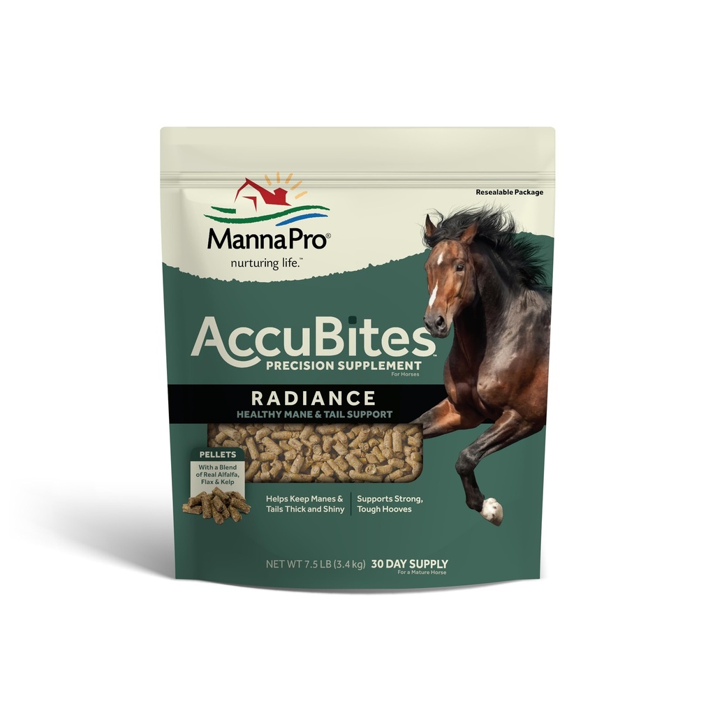 Manna Pro AccuBites Radiance Equine Appendix - Kůže a kabát, esenciální vitaminy a kopyta zdraví pro koně - Baleno s Omega 3, 6, & Biotin - Main & Tail Údržba - Alfalfa Ochucené - 7,5 kg