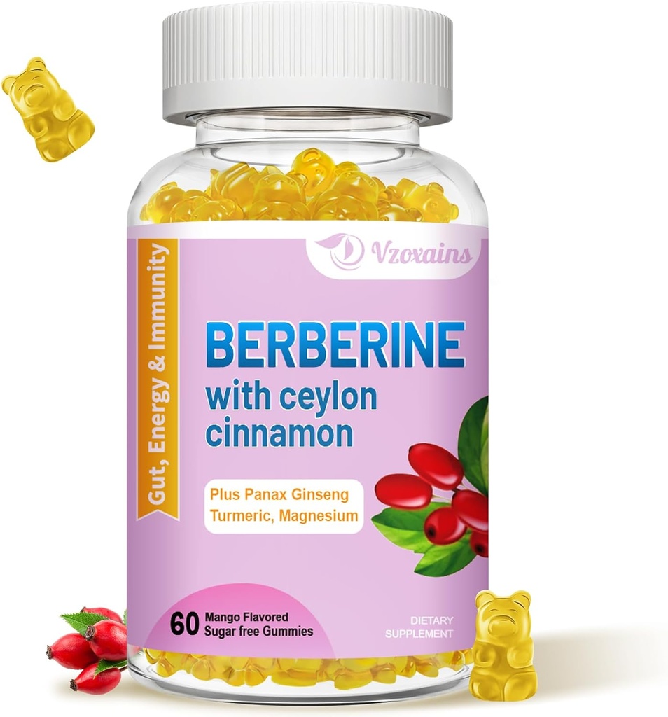 Berberine s Ceylon Skořice Gummies, High Potency Berberine HCI dodatek, Imunitní podpora zdraví, 60 Mango ochucené gumy