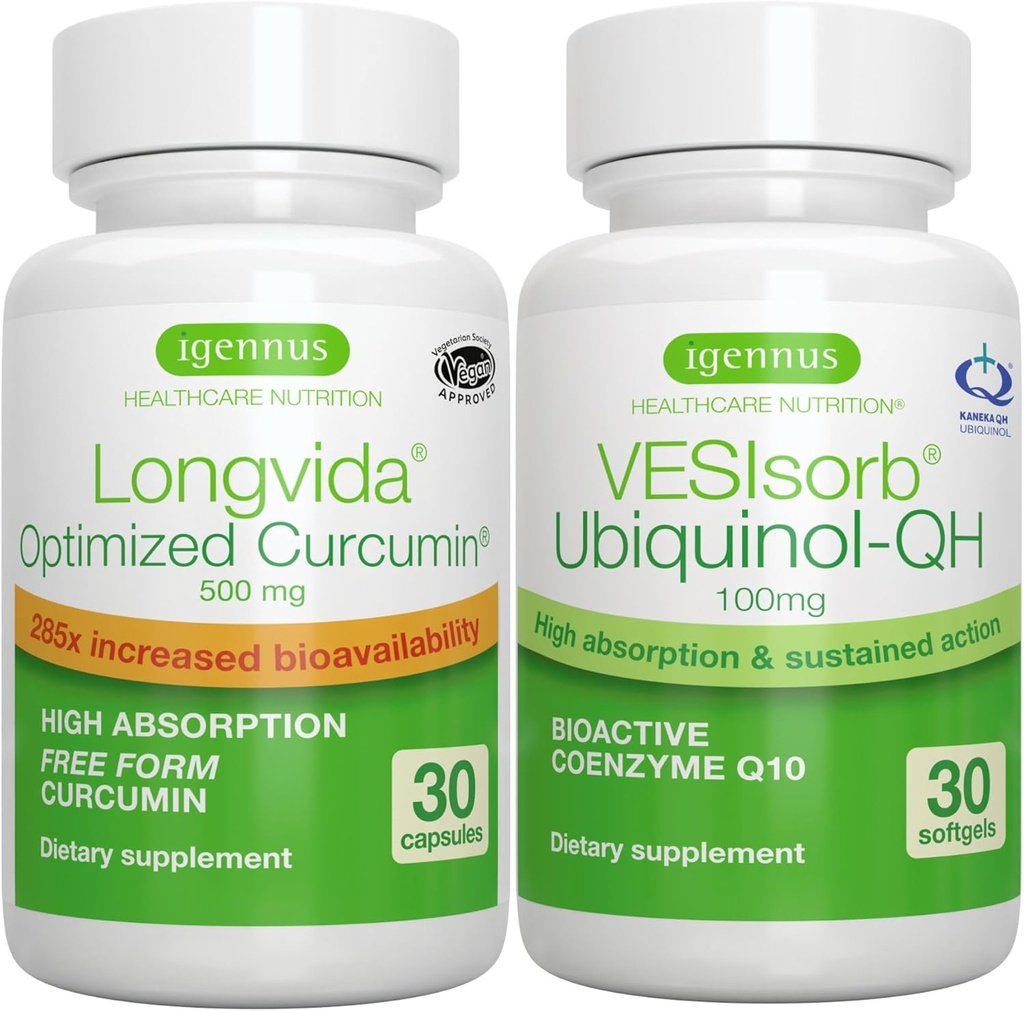 Longvida Curcumin 500mg + VESIsorb Ubiquinol- QH Advanced CoQ10 100mg Bundle, Ultra Biologický Curcumin s Biologicky dostupným & Fast- acting Ubiquinol, by Igennus