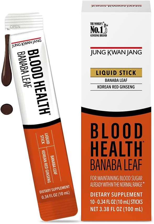 JungKwang Jang Blood Health Banaba Leaf Extract (100mg), Carob Pods, Korean Red Ginseng Everytime Extract Sticks for Circulation, Post Meal, Energy, 10 Count
