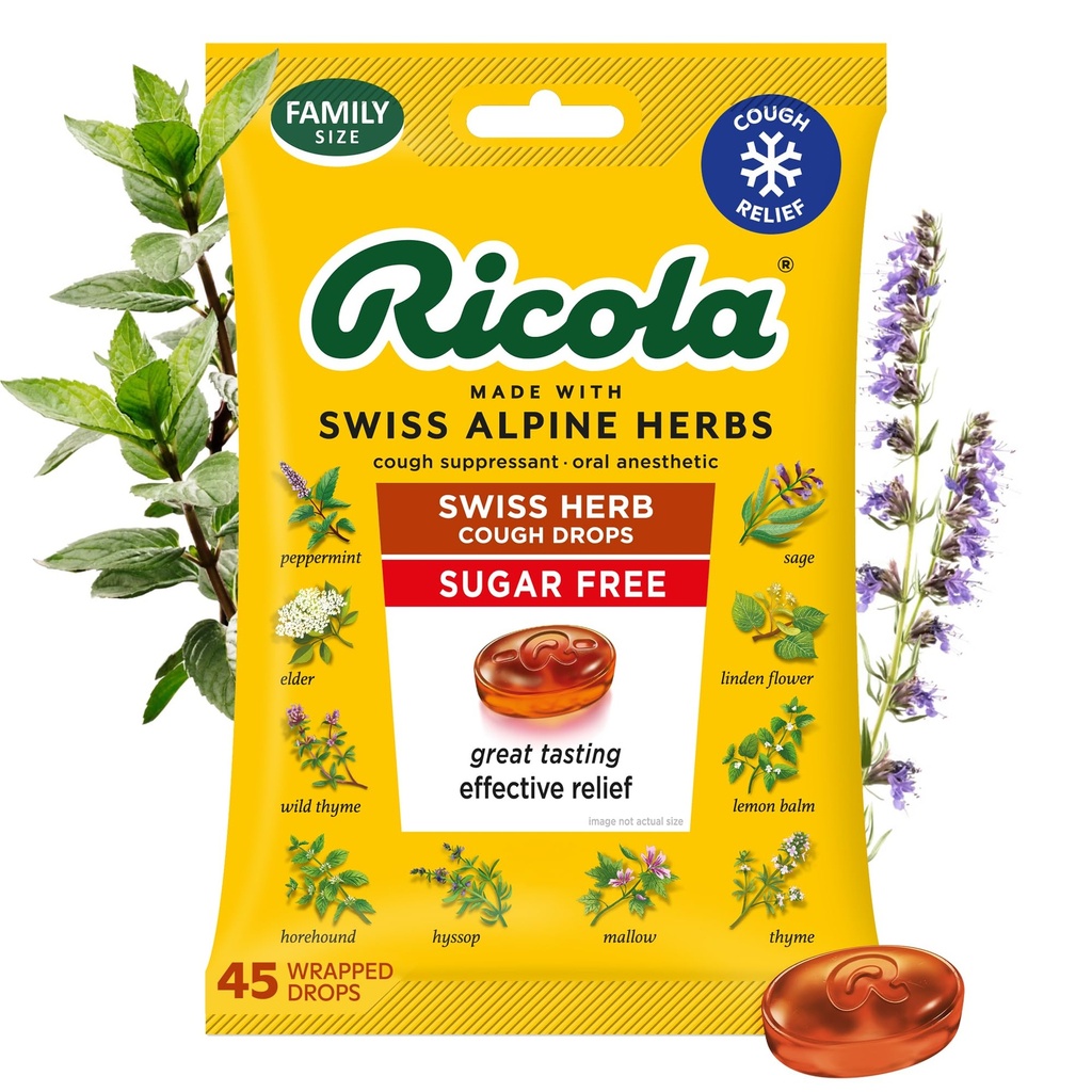 Ricola Cukr Volný švýcarský Herb kašel Kašel Kašel, 45 Počet, Kašel Suppressant & Hrdlo Relieving Kapky s přirozeně sourced menthol, Pleasing Chuť pro kašel & Krční podráždění