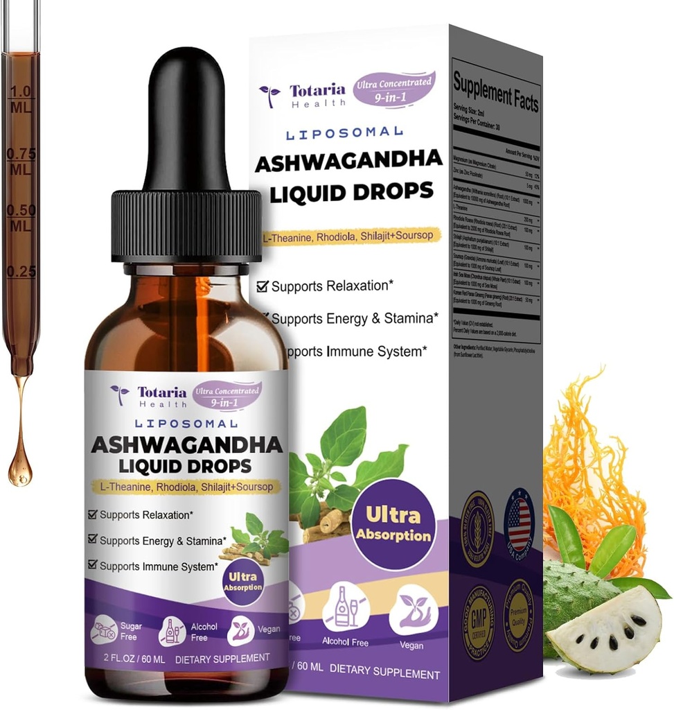 Totaria Liposomal Ashwagandha Liquid Drops, Ultra Strength Ashwa Root Extract Supplement with Shilajit, Ginseng, Magnesium, Soursop, L- Theanine, 60ml
