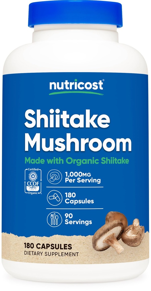 Nutricost Organic Shiitake Houba Kapsle 1000mg, 90 Služební soupravy - CCOF Certified Made with Organic, Vegetarian, Gluten Free, 500mg per Capsle, 180 Kapsle