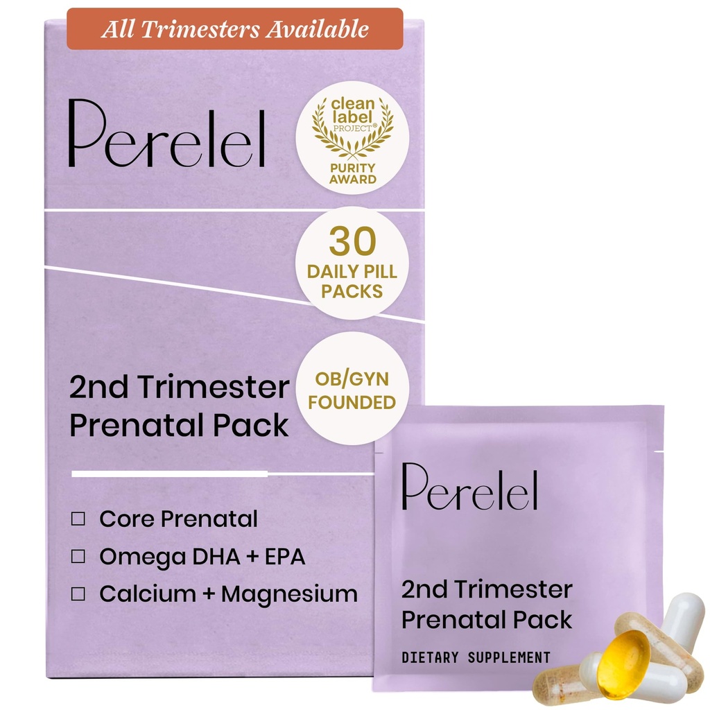 Perelel 2. trimester Prenatal Pack, Multivitamin s hořčíkem, Omega 3, železo & vápník, Nutriční podpora pro druhý trimester Wellness, Soy & gluten zdarma, non GMO, 30 Denní pilulky