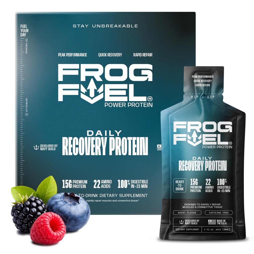 Frog Fuel Power Regular Protein Shot, 15g Protein Nano- Hydrolyzované trávy Fed kolagen, Post Workout, Lepek Free, Fat & Sugar Free, 22 Amino Acids, 0 sacharidů, Berry, 1 oz Packets, 24 Pack