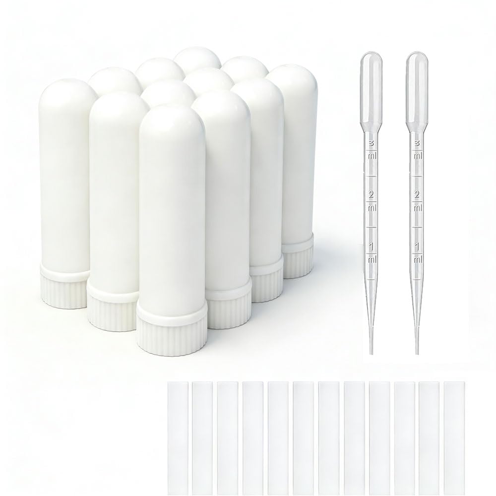 12 Sady Essential Oil Aromatherapy Tubes Inhaler Sticks Blank Nasal Inhalátory (12 Kompletní Sticks) + 2 Polyethylen Pipeta Droppers