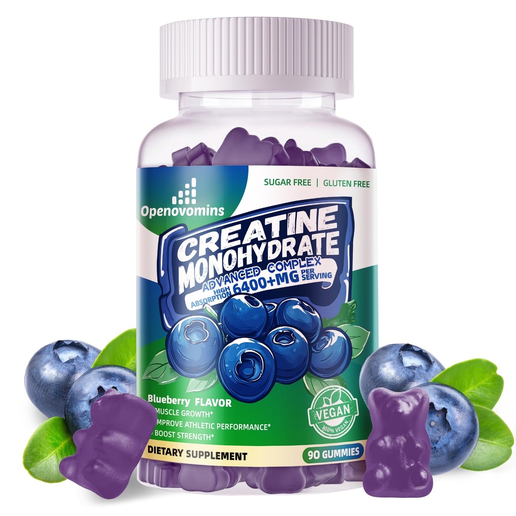 Creatine Monohydrát Gummies Komplex pro muže a ženy - Advanced Formule W / L- Taurin + vitamin B12, Cukr zdarma Žvýkací doplněk, 90 Borůvkové gumy
