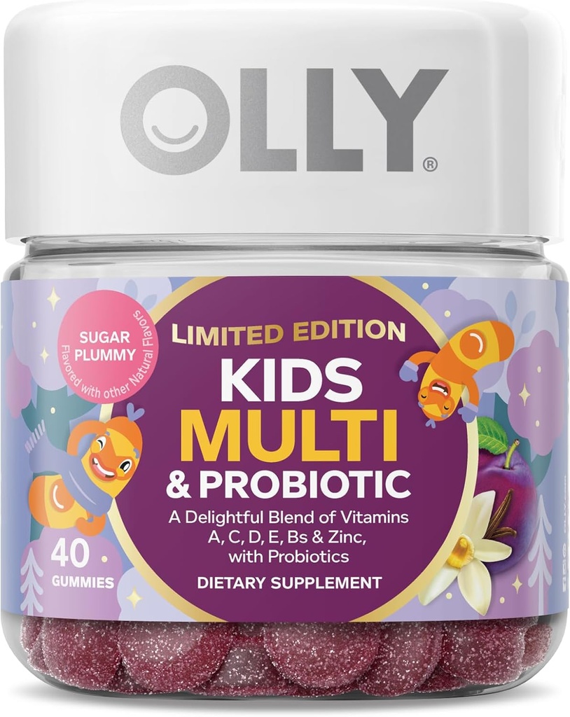 OLLY Kids Multivitamin & Probiotic, Limited Edition, Digestive Support, Vitamíny A, D, C, E, B, Zinek, Žvýkací doplněk, Cukr Plummy - 40ct