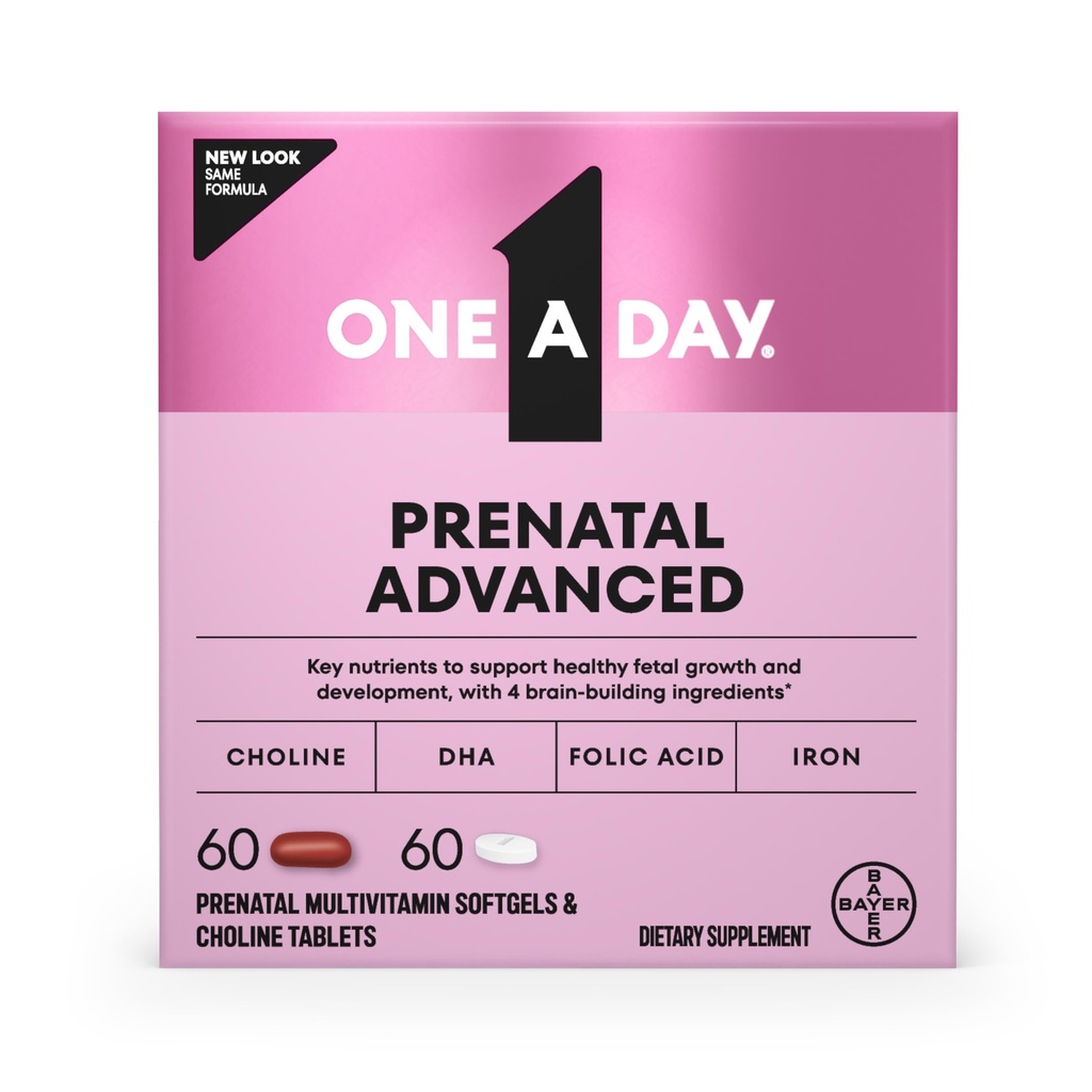 Jeden den Prenatal Advanced- Prenatal Vitamíny s kyselinou listovou, Cholin, DHA & Iron, Těhotenství Vitamíny pro ženy na podporu vývoje dítěte, 60 + 60 Ct (120 Total Set) (Balení květen Vary)