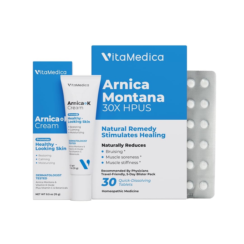 VitaMedica cr124; Arnica Filler Kit Bundle cr124; Arnica Montana 30X Blistr Pack + Arnica & Vitamin K Topical Cream cr124; Vitamin K Topical Cream cr124; Softens, Calms, Moisturizes, & Obnovení pohmožděné kůže cr124; Zotavení