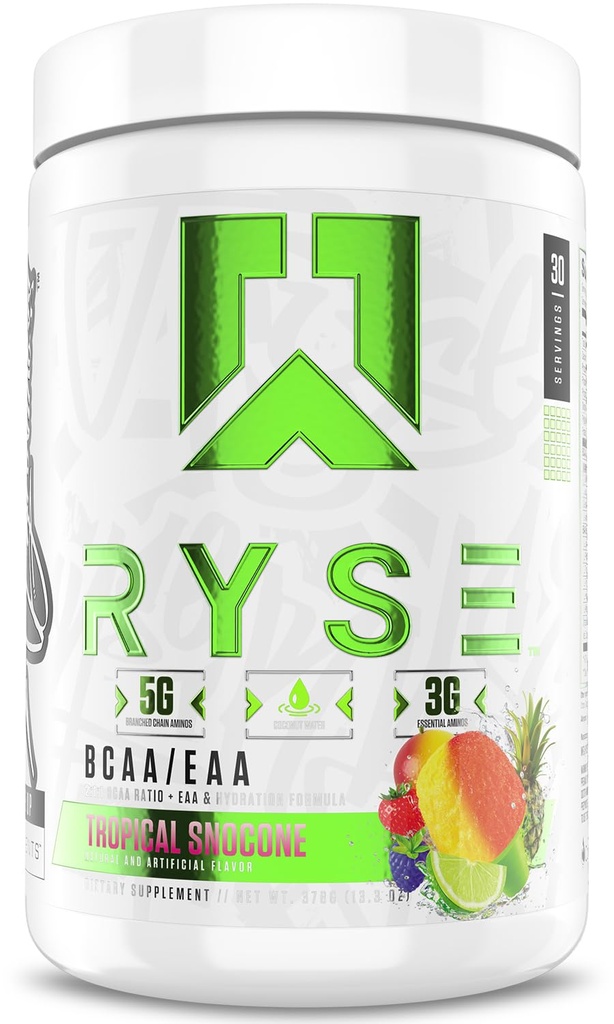 RYSE BCAA EAA Powder - Tropical Snocone - 5g Aminokyseliny s rozvětveným řetězcem, 3g esenciální aminos, Sugar- Free Electrolytes for Pre & Post Workout Muscle Recovery, Hydratace a síla - 30 Servings